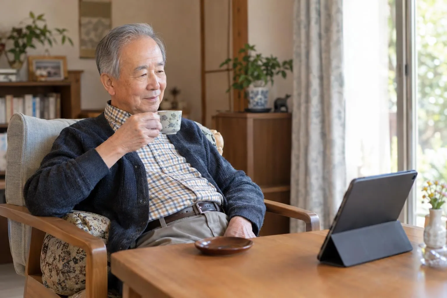 タブレットを置いたまま、お茶を飲んでくつろぐ高齢の男性