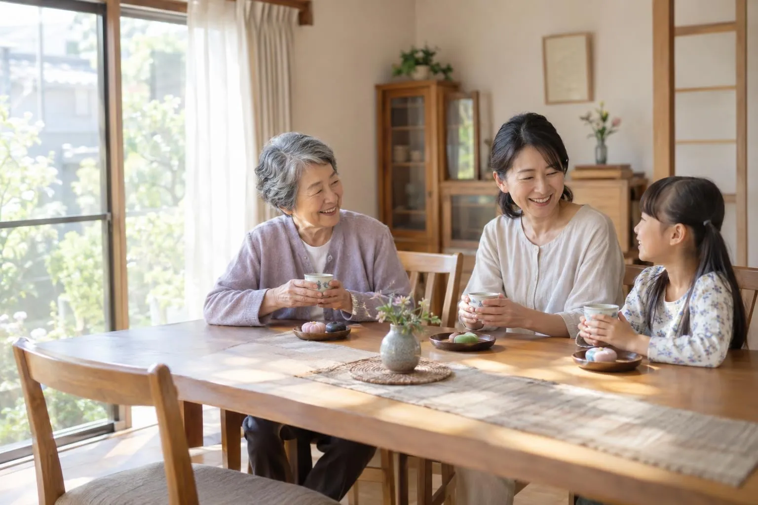リビングで家族と談笑する高齢の女性