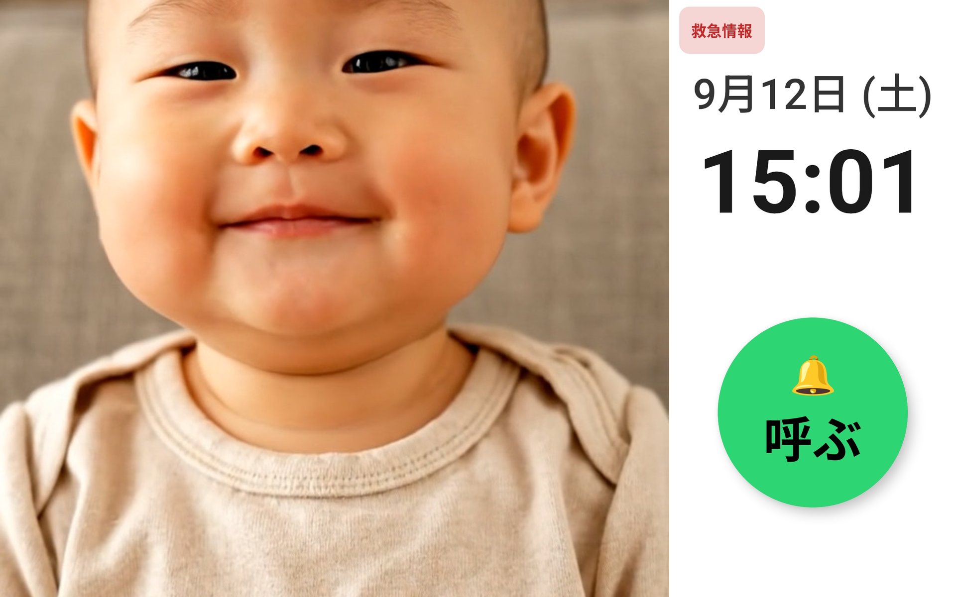 タブレットの画面に孫の写真が大きく表示され、右に日付・時刻と「呼ぶ」ボタンが並んでいる