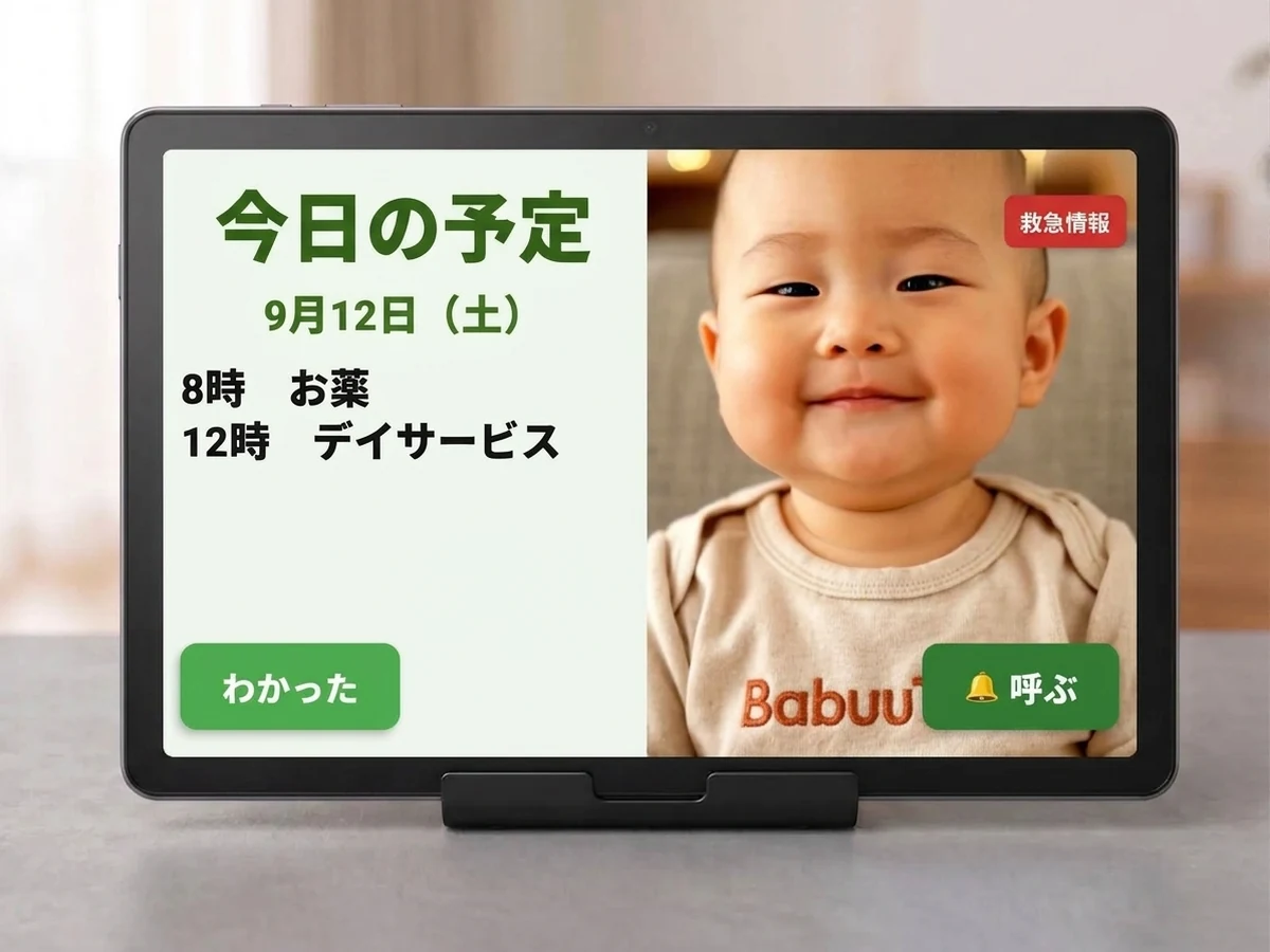 BabuuTalkを表示したタブレット端末。左に今日の予定と日付、右に孫の写真、下に「わかった」と「呼ぶ」のボタン