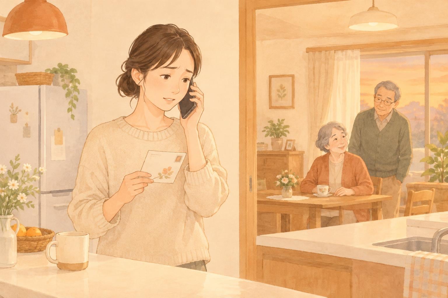更新のはがきを手に、キッチンで実家に電話をかける娘。奥の部屋には両親の姿