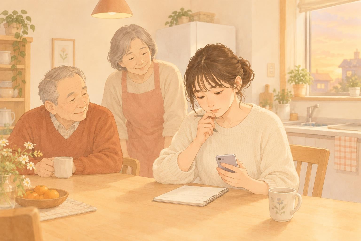 夕方のキッチンで、スマートフォンを手にノートへ質問を書き出す娘と、見守る両親
