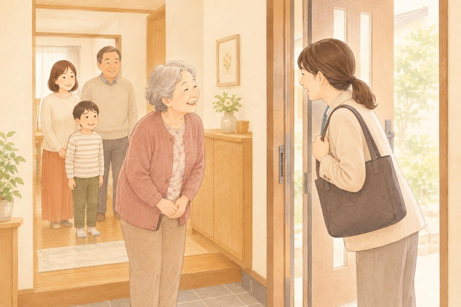 実家の玄関で、高齢の女性が笑顔でケアマネジャーを迎えている。奥には家族が立っている