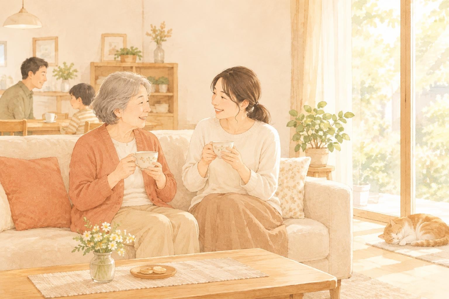 居間のソファで、母親と娘がお茶を飲みながら穏やかに話している