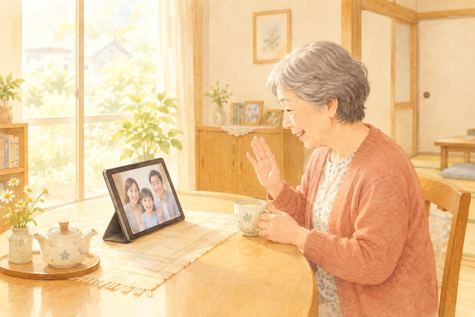 朝のお茶を手に、テーブルのタブレットの家族へ笑顔で手を振る高齢の母