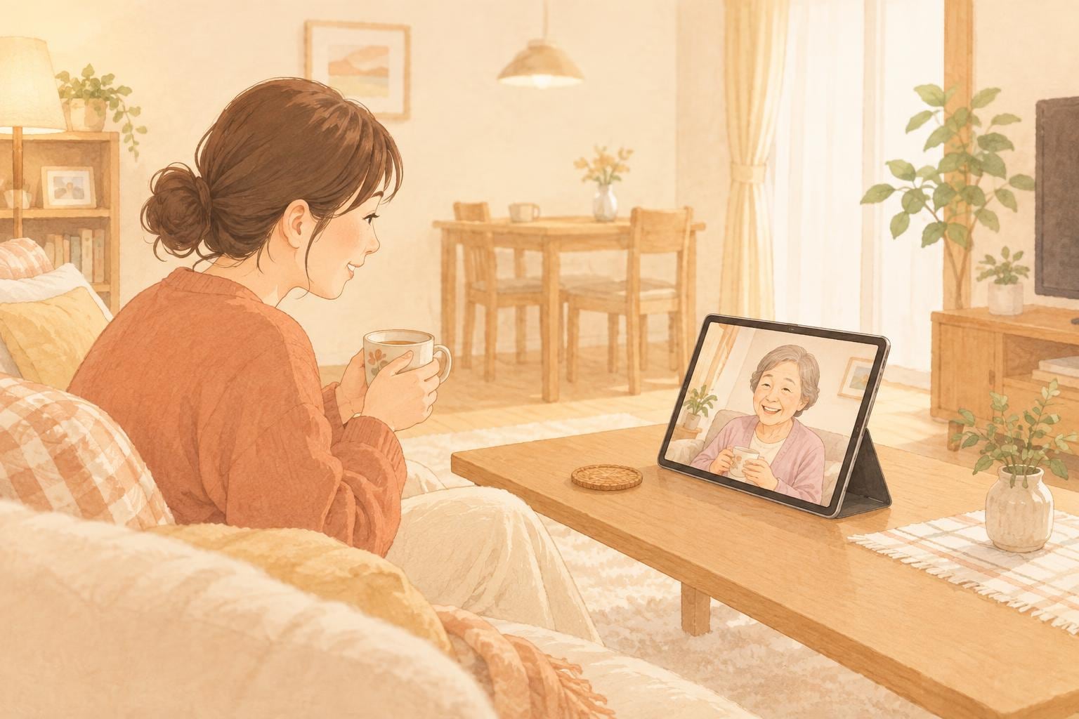 日曜の夜、ソファでお茶を手に、テーブルに立てたタブレットの母とゆったり話す娘