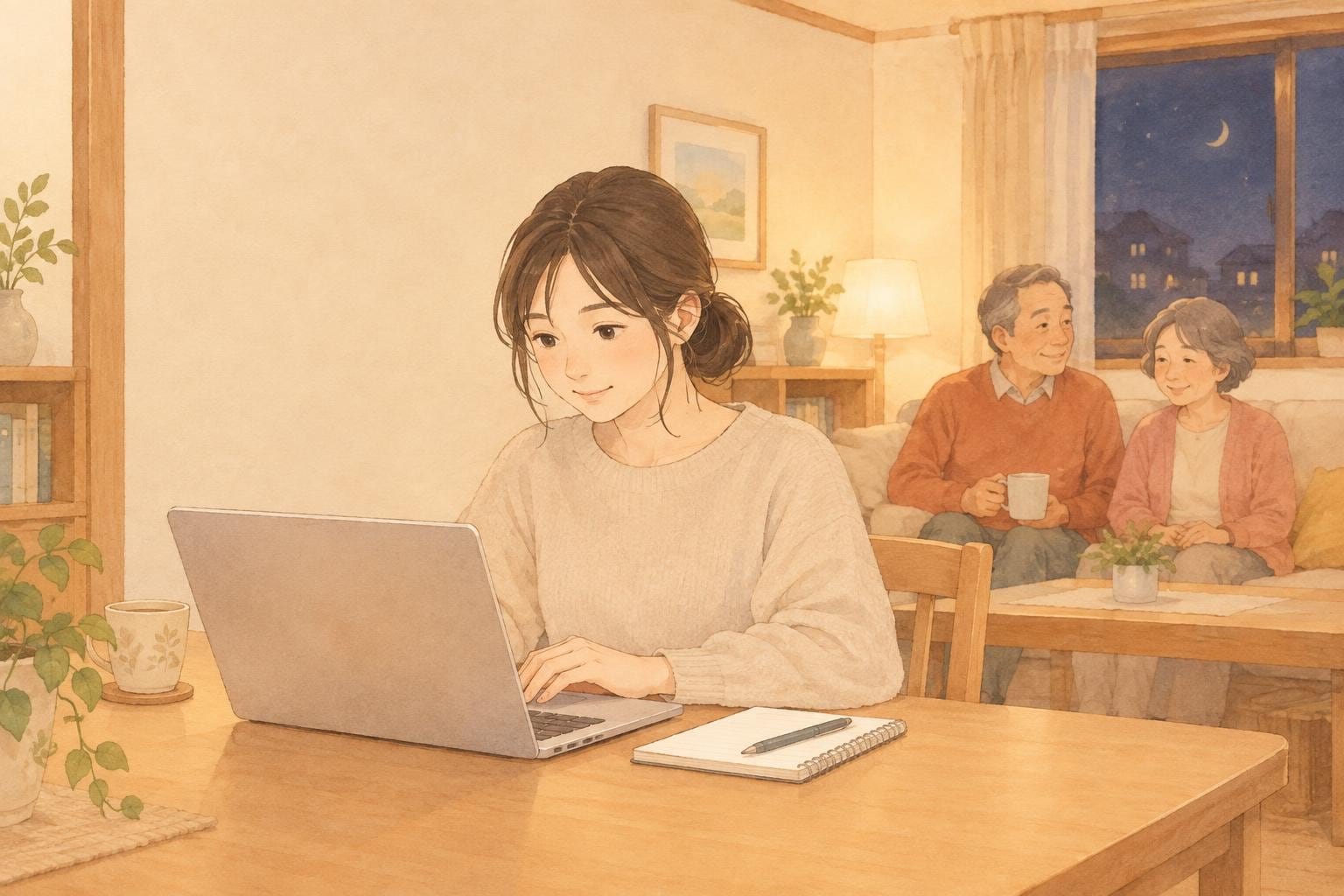 夜の部屋でノートパソコンを開き、メモ帳を横に置いて何かを調べている娘と、奥のソファにいる両親