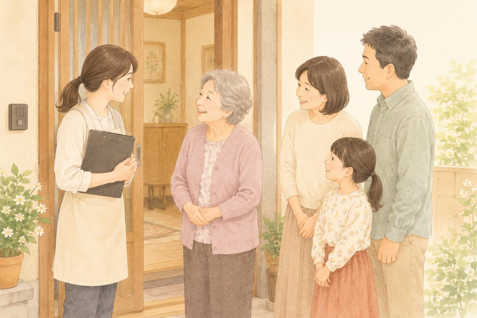 玄関先で、バインダーを持った女性の相談員と高齢の母親が笑顔で話し、家族が見守っている