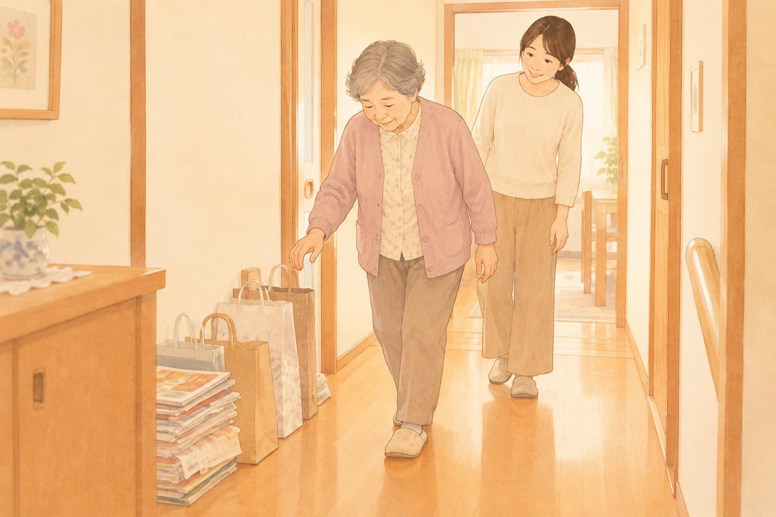 実家の廊下に紙袋と雑誌の束が積まれ、高齢の母親が足元を気にしながら歩いている。後ろで娘が見守っている