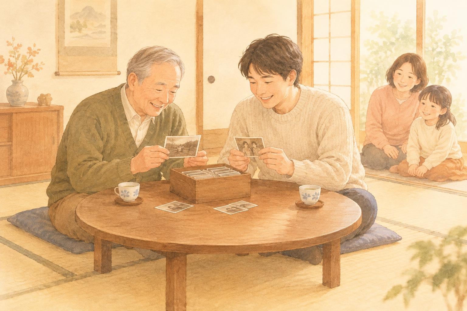 和室のちゃぶ台で、高齢の父親と息子が箱の中の古い写真を手に取って笑っている。奥で家族が見守っている