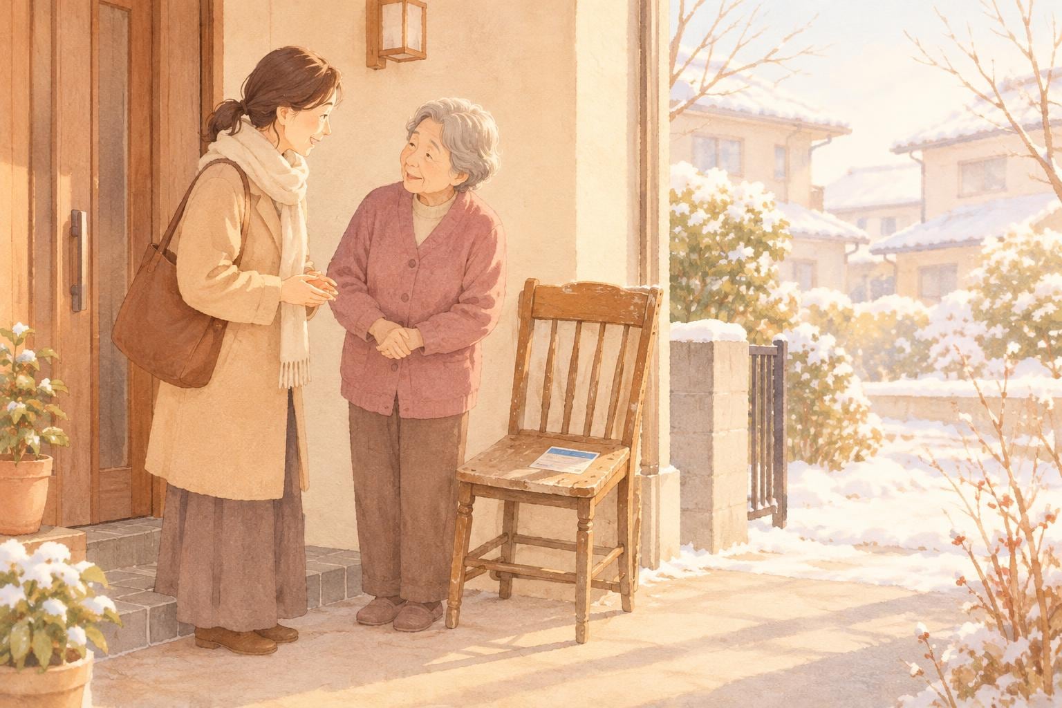 冬の朝、玄関先で娘と高齢の母親が、粗大ごみのシールを貼った古い椅子の横に立って話している