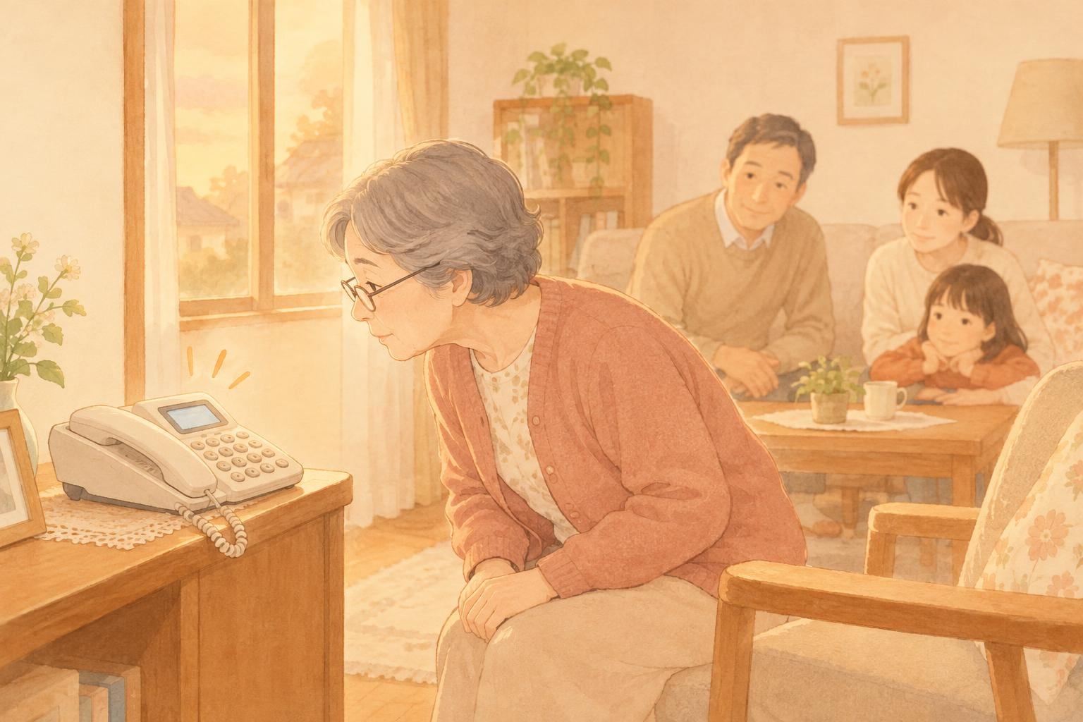 夕方の居間で、高齢の母親が電話台の固定電話の表示をのぞき込んでいる。後ろのソファで家族が見守っている