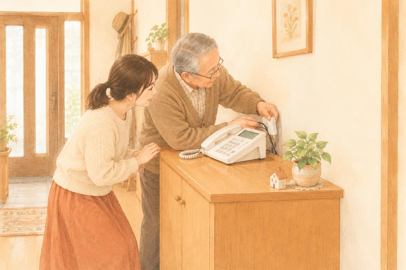 玄関脇の電話台で、娘が見守る前で高齢の父親が固定電話の配線に小さな機器をつないでいる