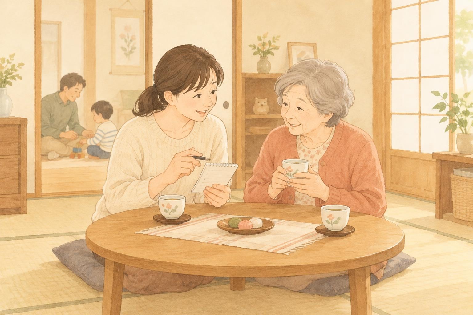 和室のちゃぶ台で、娘がメモを手に、お茶を飲む高齢の母親と電話の対応を相談している