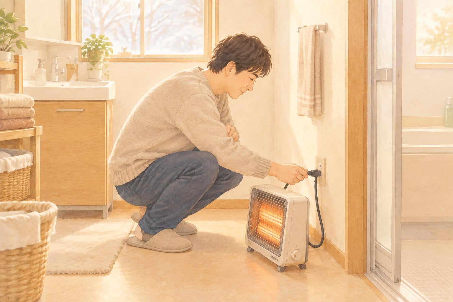帰省した息子が、実家の脱衣所に小型の電気ヒーターを置いて電源を入れている場面