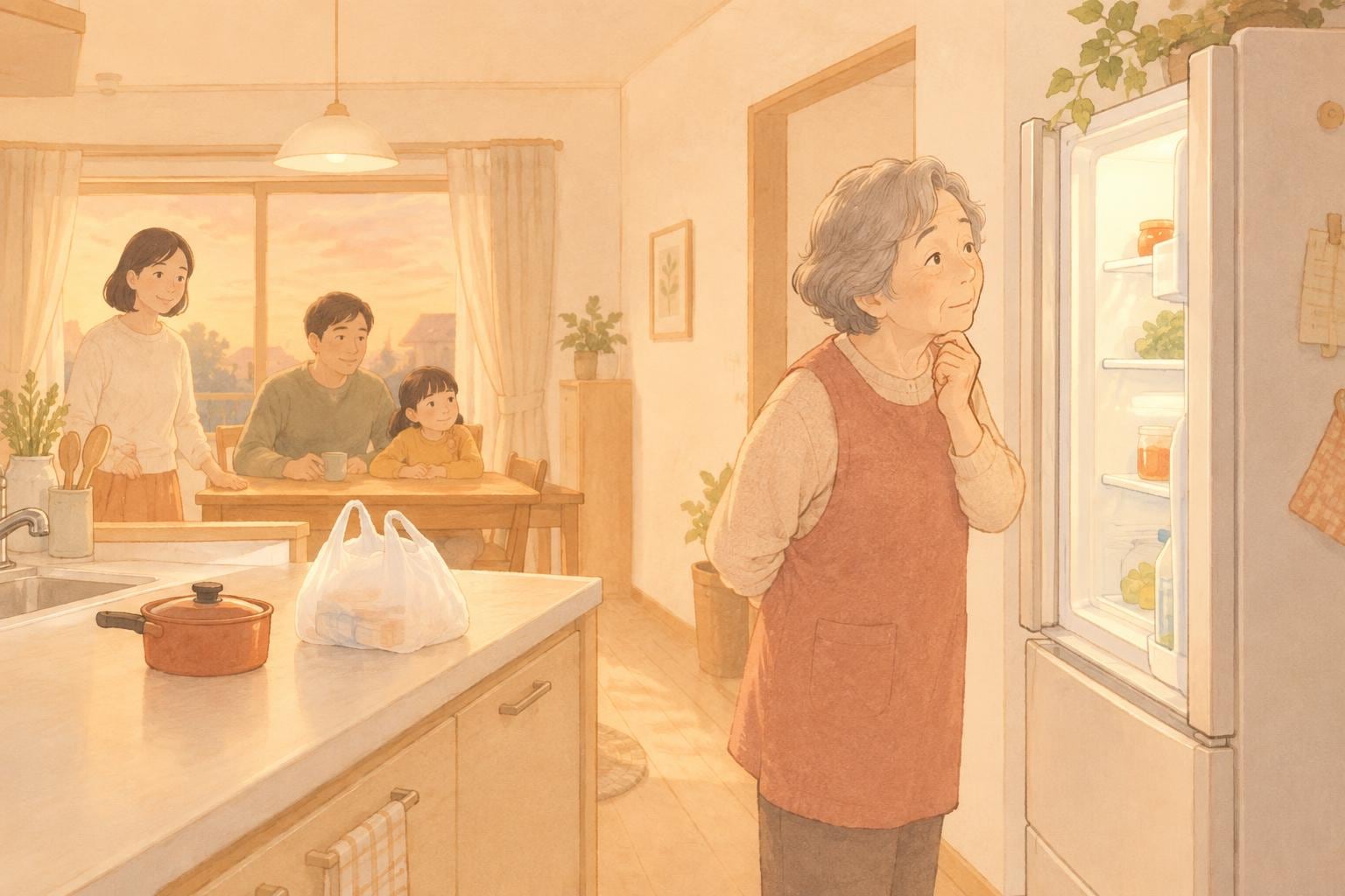 夕方の台所で、高齢の母親が冷蔵庫の中を少し困った顔で見ている。調理台に鍋とレジ袋