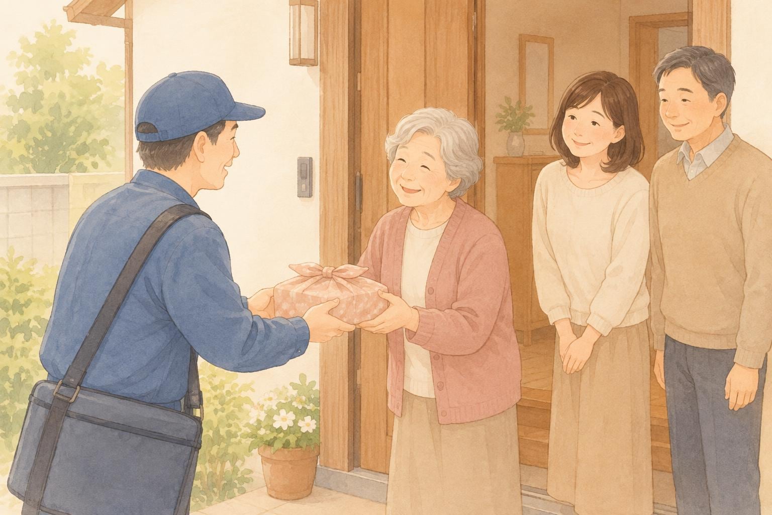 実家の玄関先で、配達員の男性が高齢の女性にお弁当の包みを手渡している。奥に家族