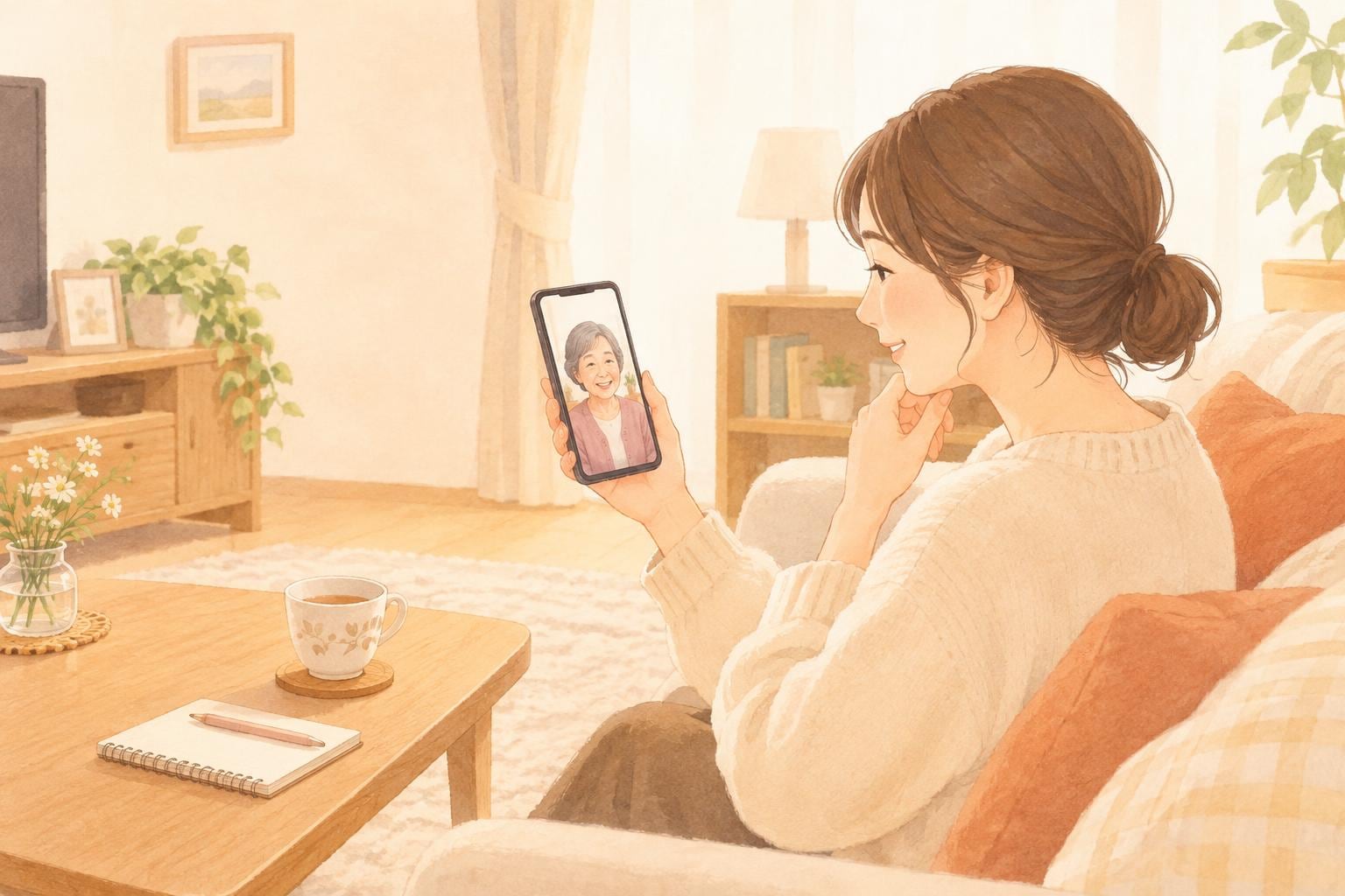 ソファに座る娘が、スマートフォンのテレビ電話で母親と穏やかに話している。机にメモ帳とお茶
