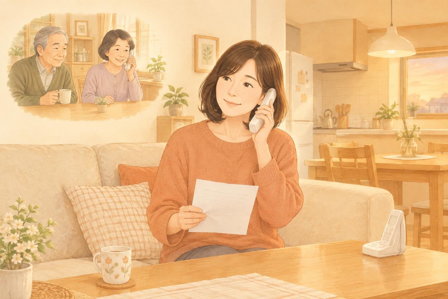 女性が会社から届いた案内を手に、実家に電話をかけようとしている