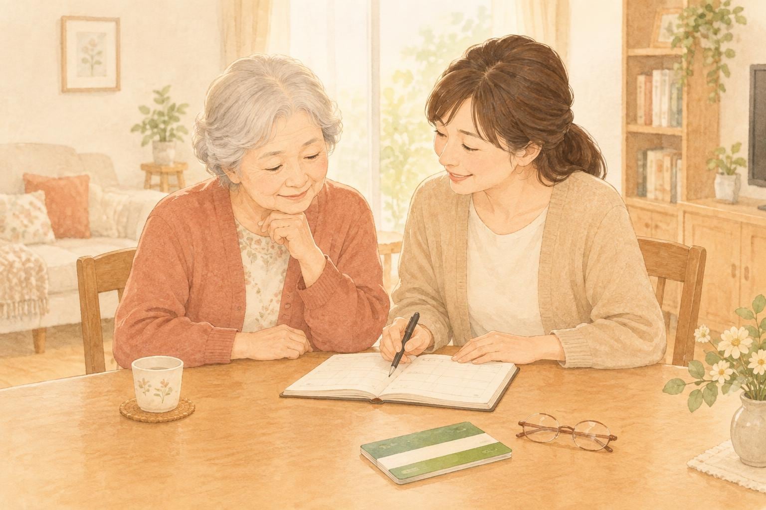 高齢の母親と娘が、手帳や通帳を見ながら話し合っている