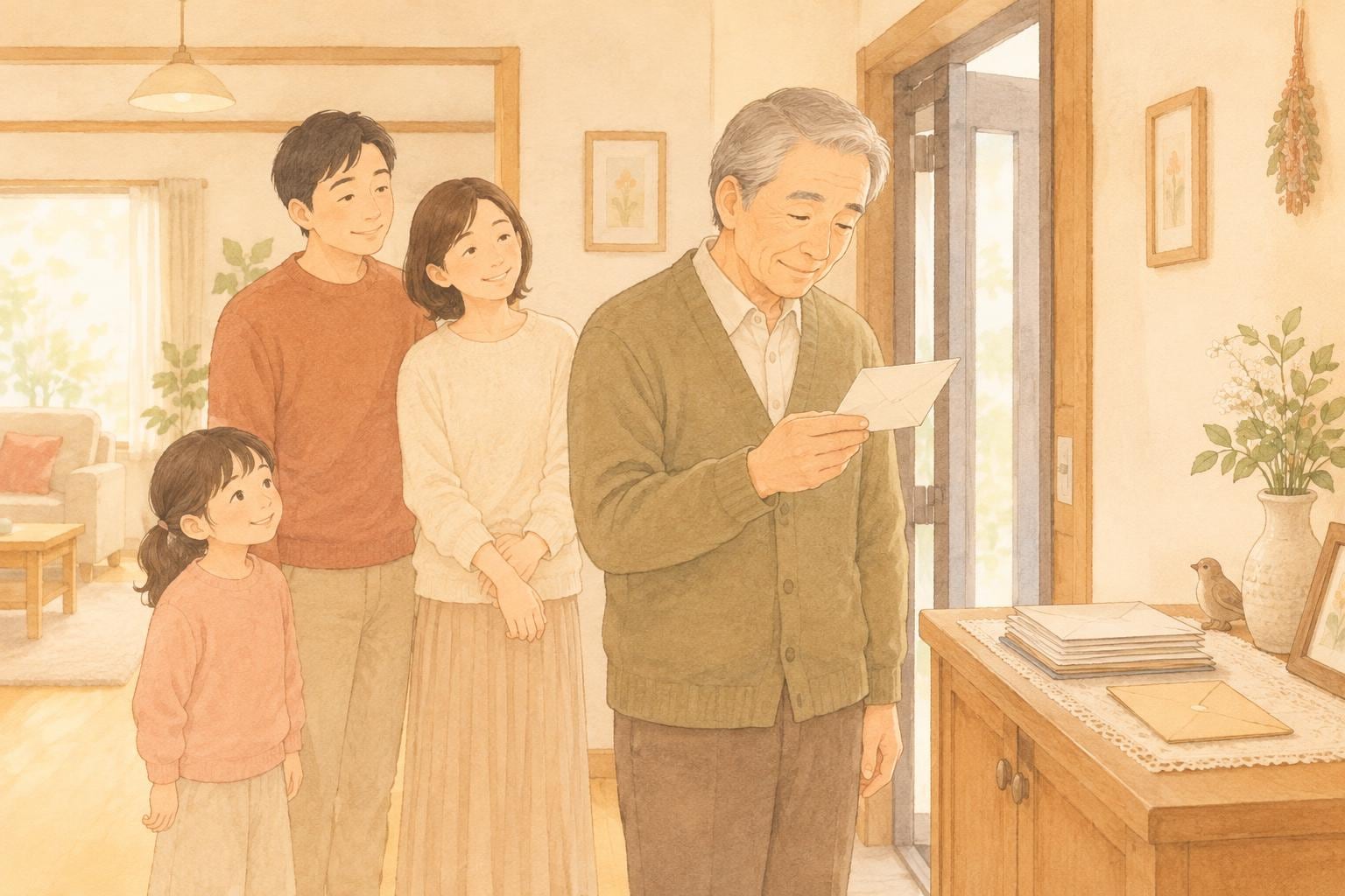 実家の玄関脇で、棚の上に重ねた郵便物から1通を手に取って読む高齢の父親と、見守る家族