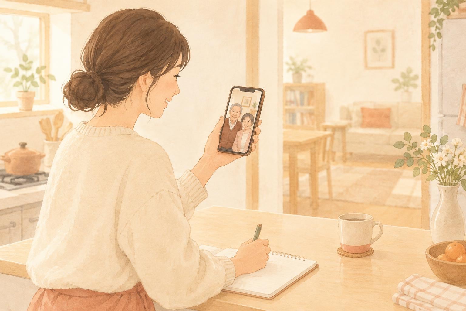 キッチンのカウンターで、スマートフォンのテレビ電話で両親と話しながら、ノートにメモを取る娘