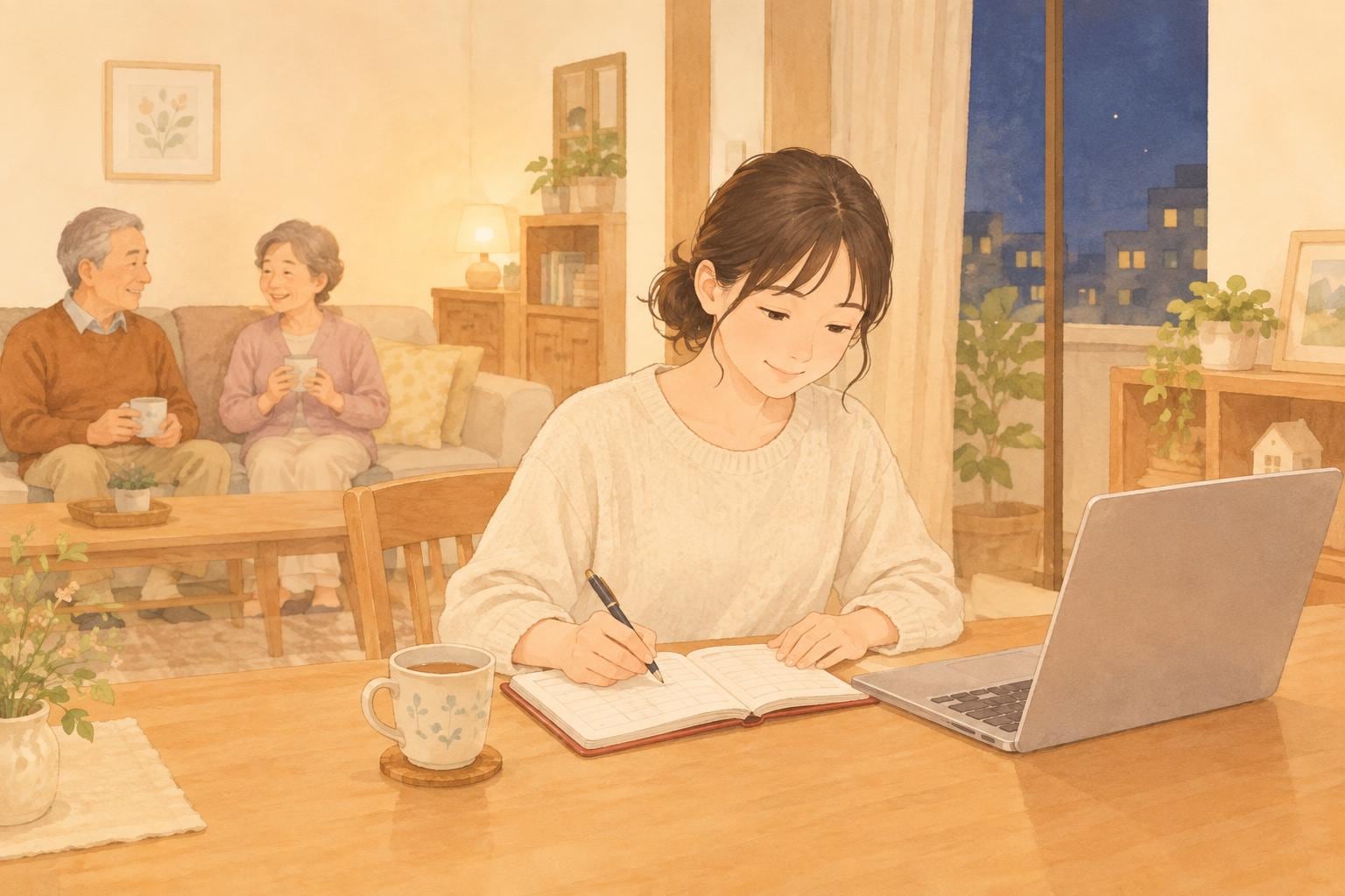夜の居間で、女性が手帳を開いて休みの日程を書き出している