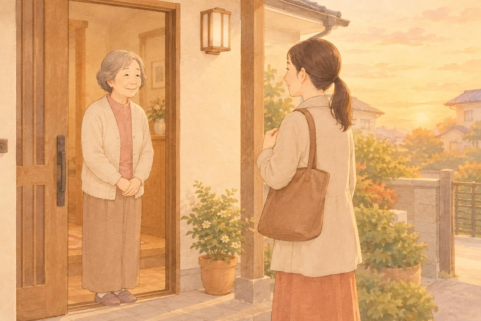 実家の玄関先で、帰り支度をする娘を高齢の母親が穏やかに見送っている