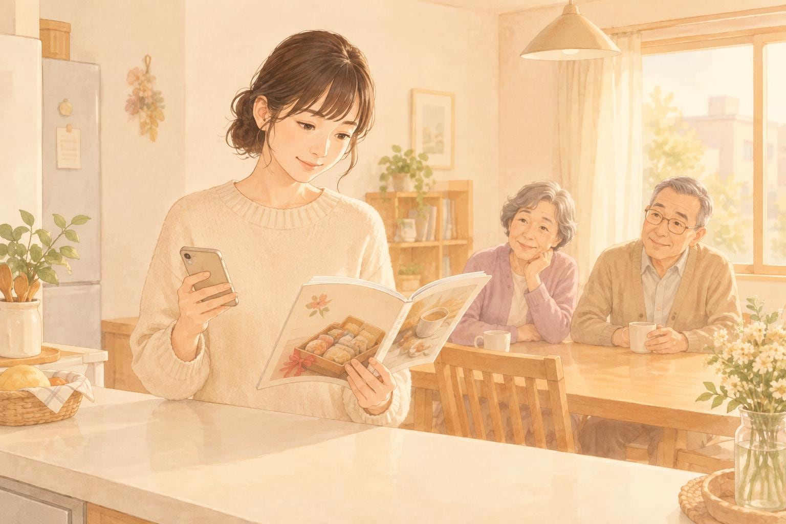 キッチンで敬老の日の贈り物のことを考えながらスマホを手にする娘
