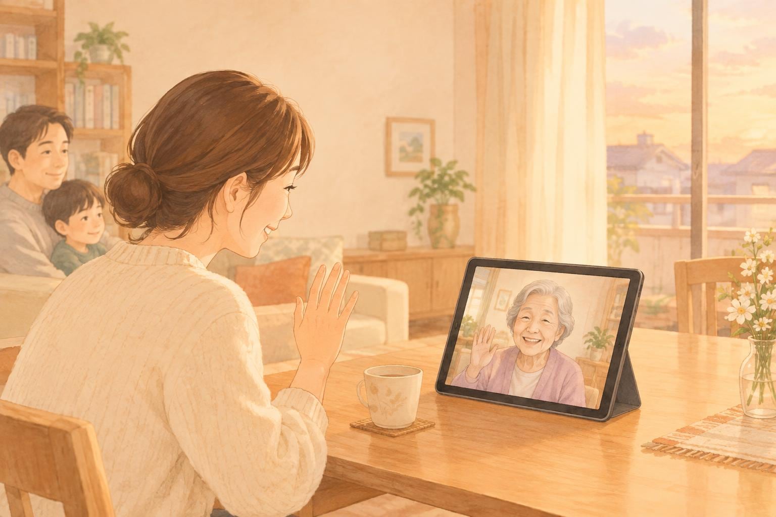 娘がリビングでタブレットの画面越しに、離れて暮らす母の顔を見ながら話している場面