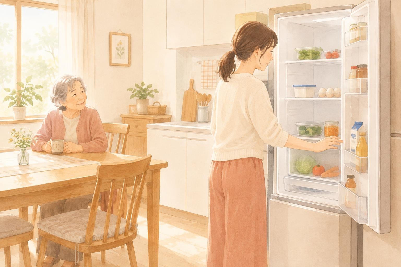 実家のキッチンで冷蔵庫を開けて中身を確認する娘と、食卓で見守る母親