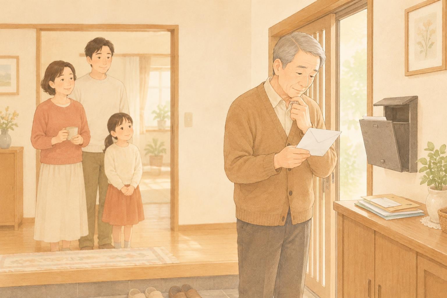 実家の玄関脇で、郵便受けから出した封筒を手に考え込む高齢の父親と、居間から見守る家族