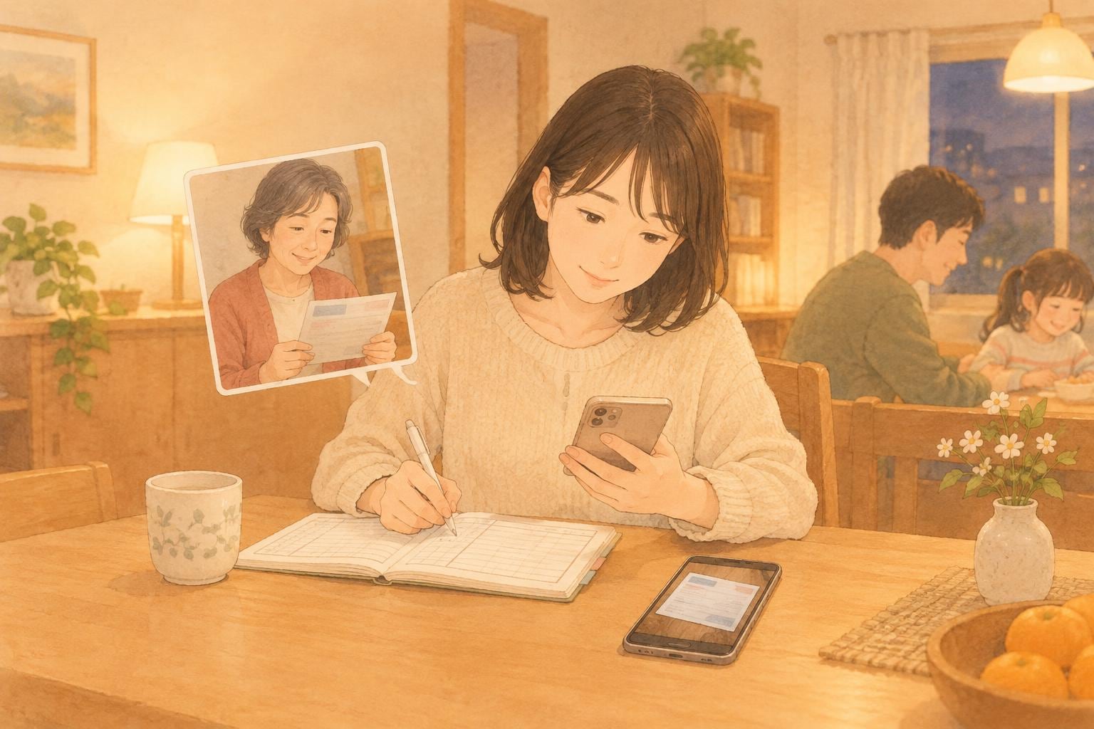 夜のダイニングで、母親が手に持つ書類をスマートフォンで見ながら、家計のノートにメモを取る娘