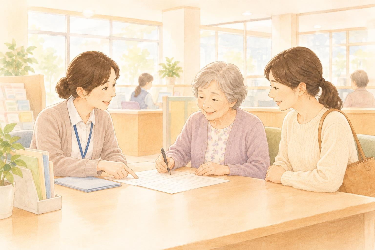 役所の介護保険の窓口で、職員が高齢の母親と付き添いの娘に、書類の書き方を案内している