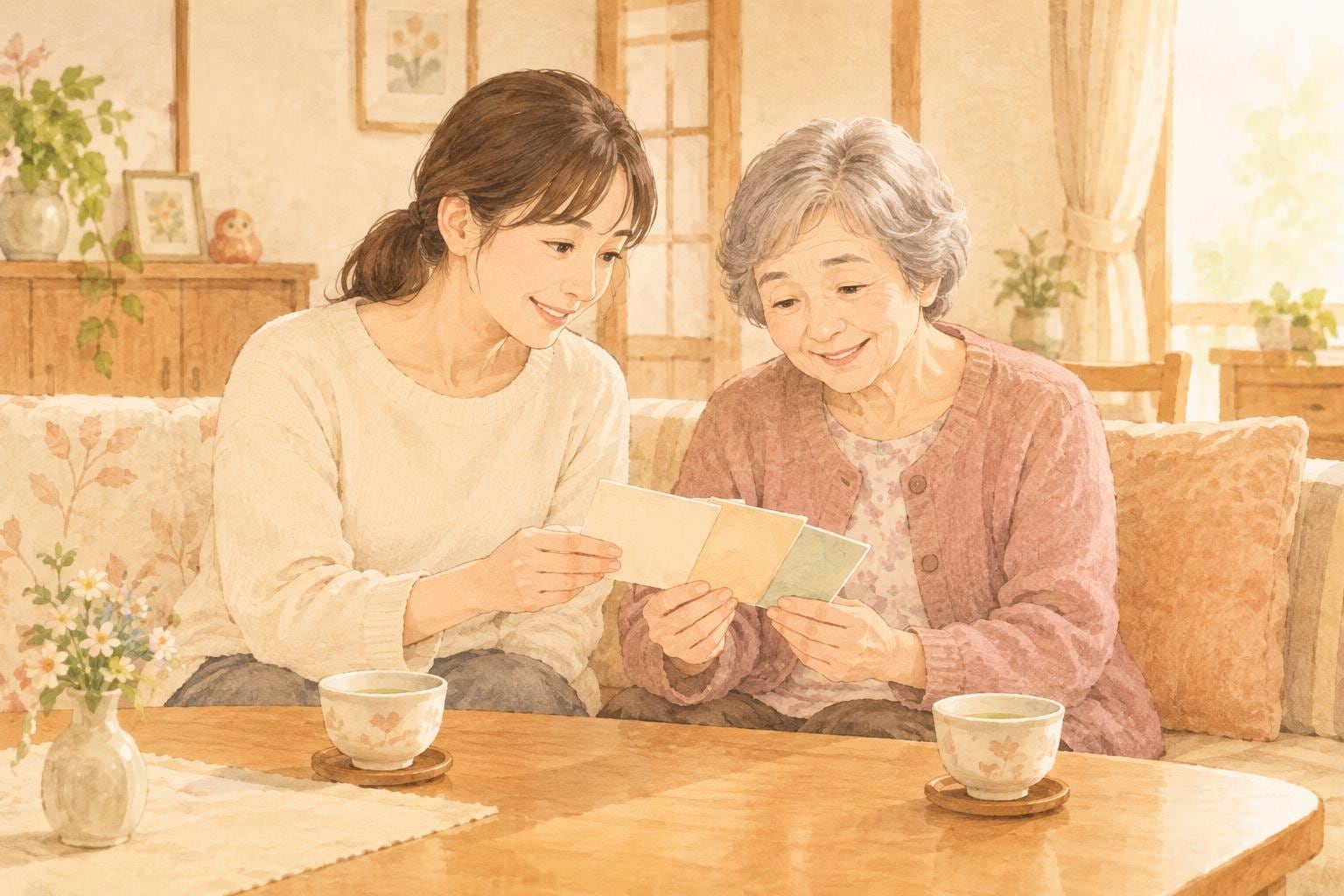 実家の居間で、娘と母親が並んで、手にしたカード状の書類を一緒に見ている