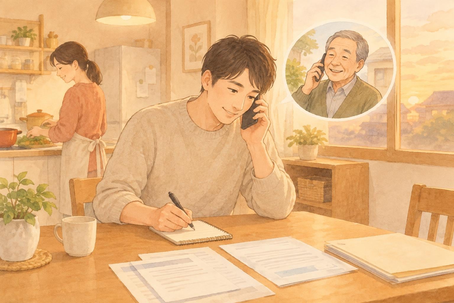 夕方のキッチンで、息子が実家の父親と電話をしながら、机の書類を見てメモを取っている