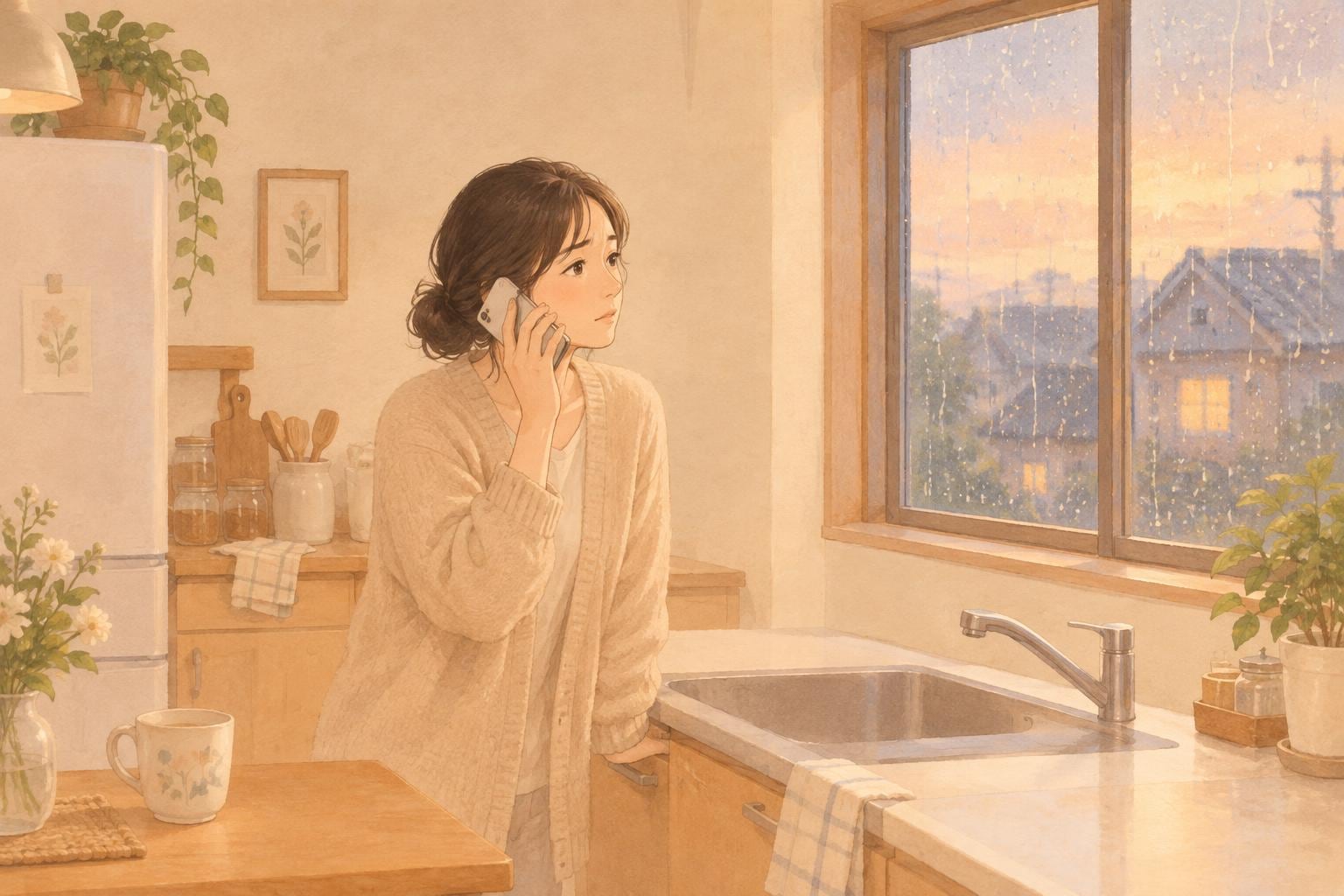 夕方のキッチンで、スマホを片手に実家へ電話をかけながら心配そうな表情をしている娘