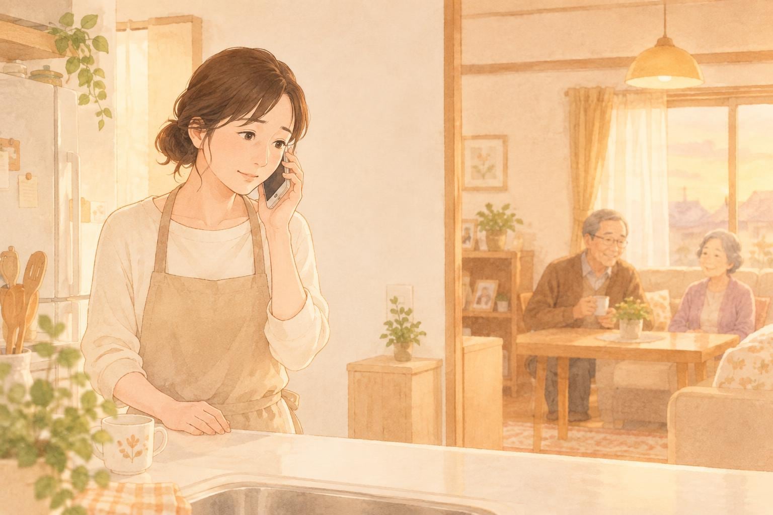 キッチンでスマホを持ち、実家に電話をかける娘