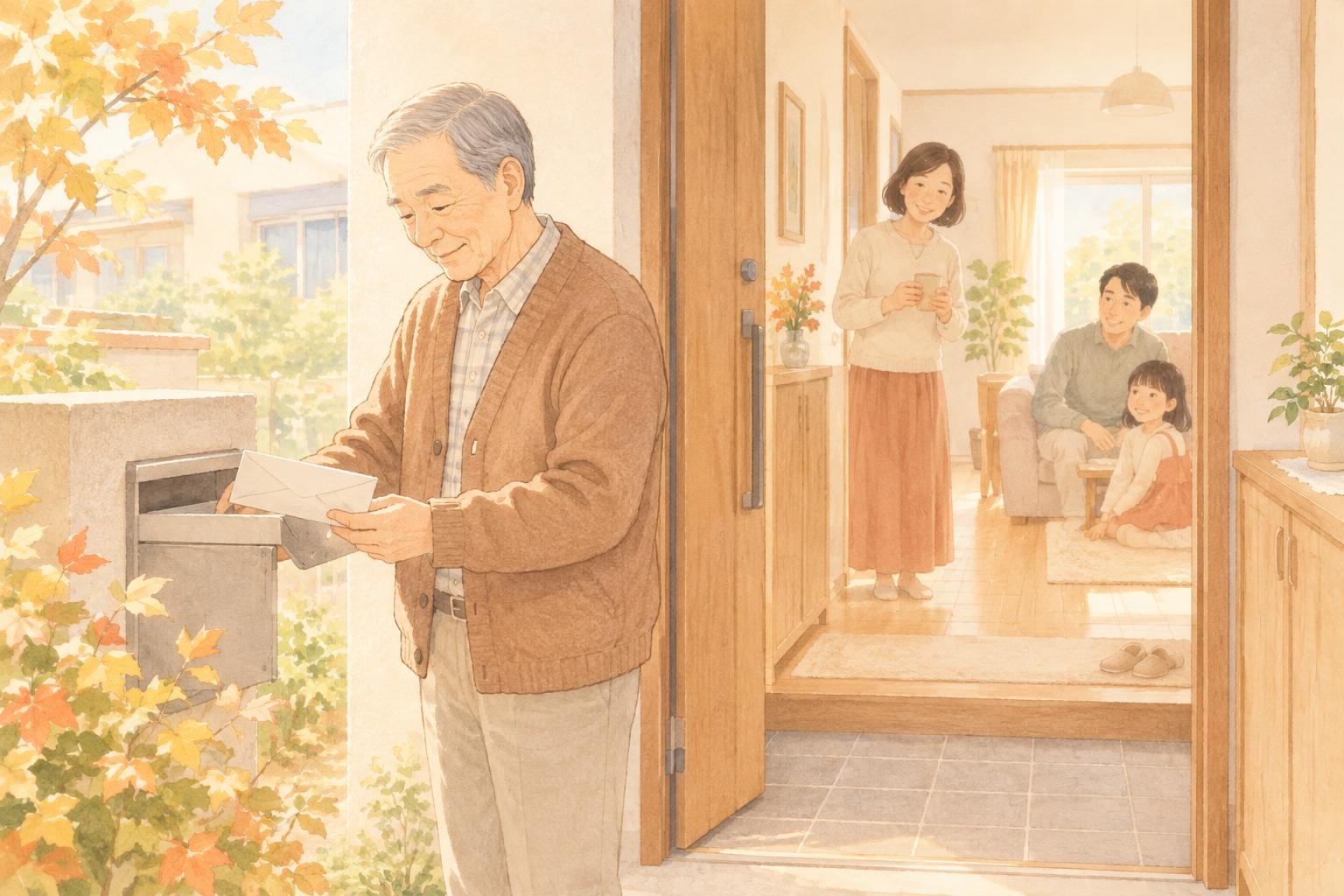 高齢の父親が玄関先で郵便受けから封筒を取り出している