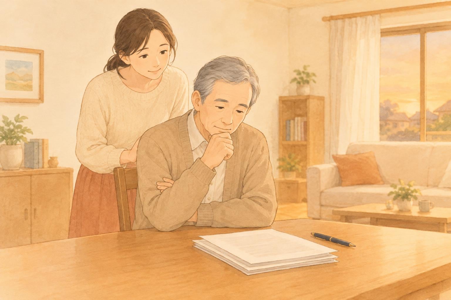 居間のテーブルで契約書らしき書類を前に考え込む高齢の父親と、後ろから様子を見守る娘