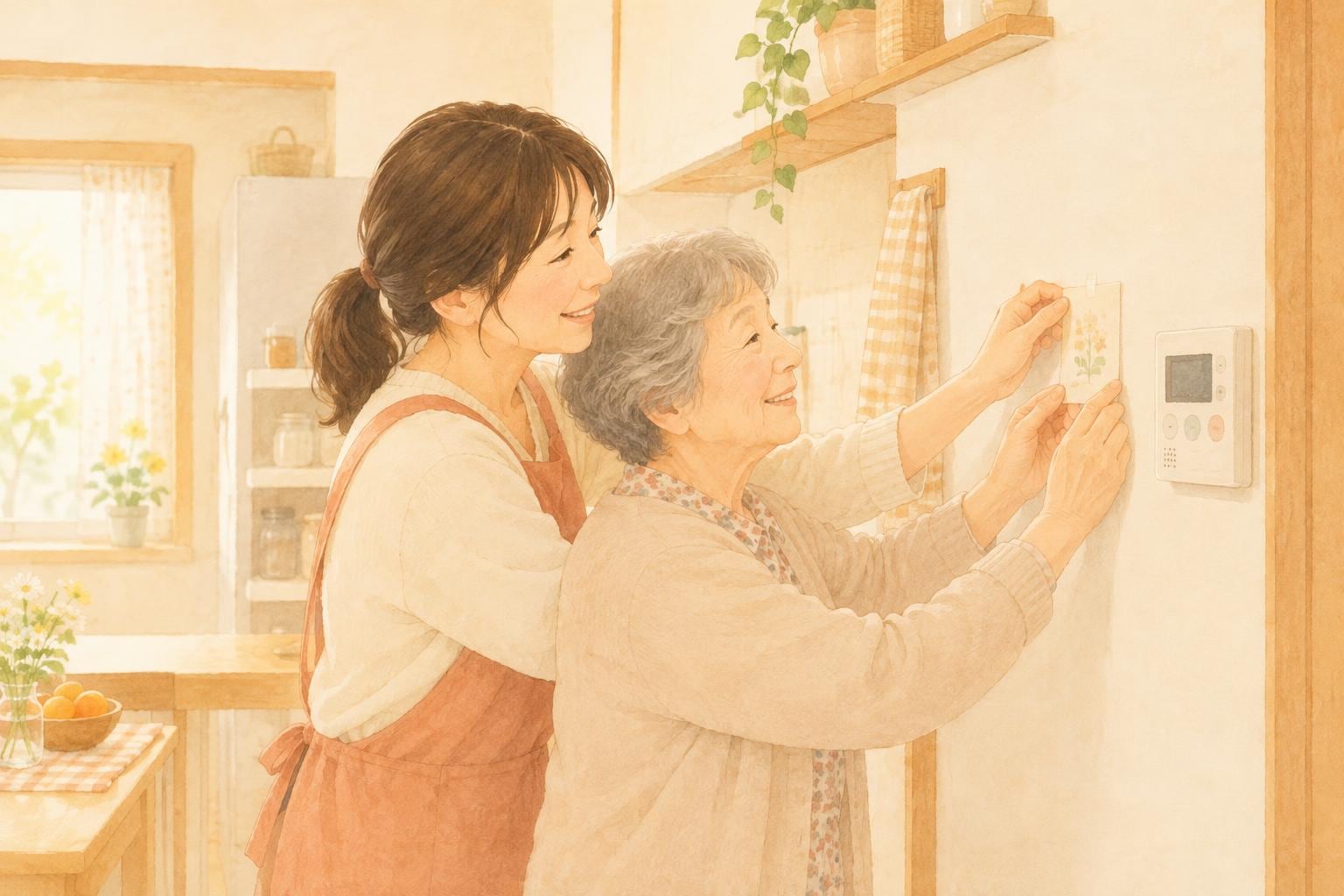 実家の台所の壁に、母親と娘が一緒に連絡先のメモを貼っている場面