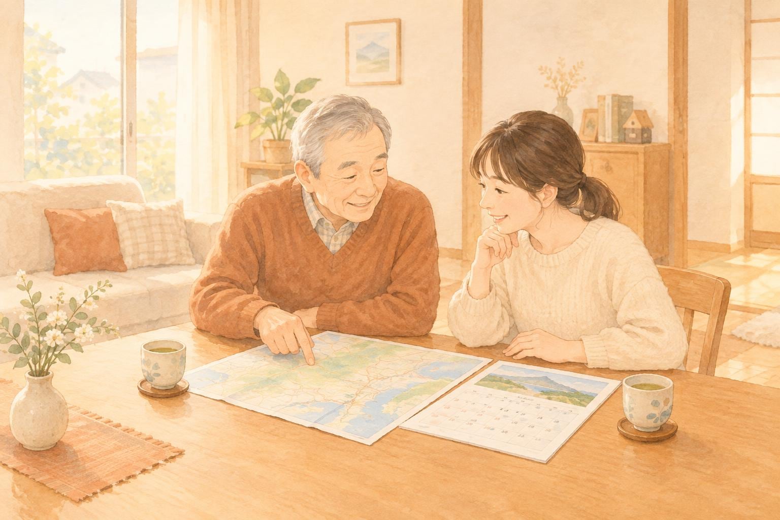 居間のテーブルで、地図とカレンダーを広げて話し合う高齢の父親と娘