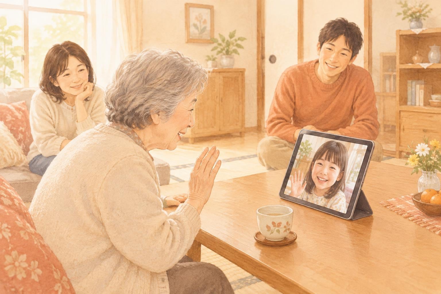 実家の居間で高齢の女性がタブレットに向かって話しかけている。画面には孫の顔が映っている