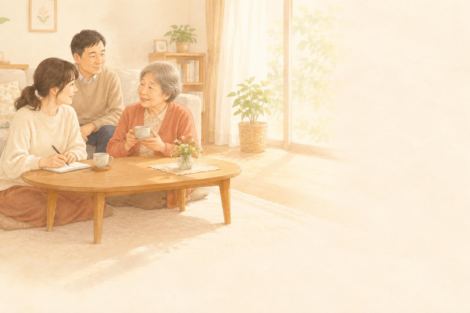 リビングのローテーブルで、娘が母親の話を聞きながらノートにメモを取っている場面