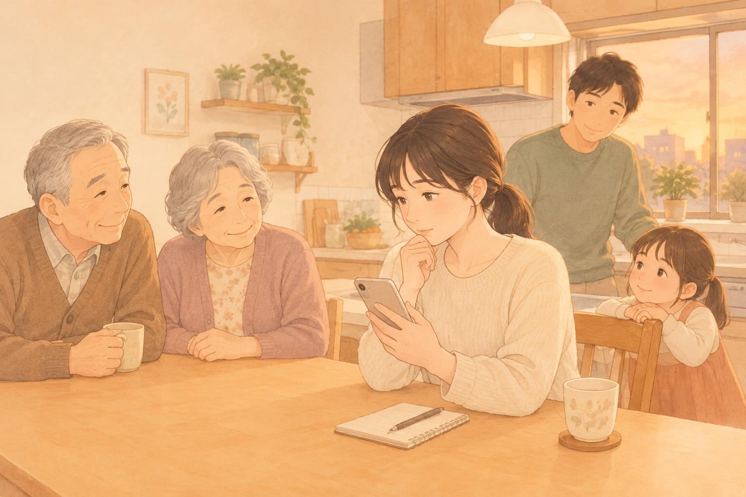 夕方のキッチンで、娘がスマホを手に考えている。テーブルにはメモ帳があり、奥で家族が見守っている