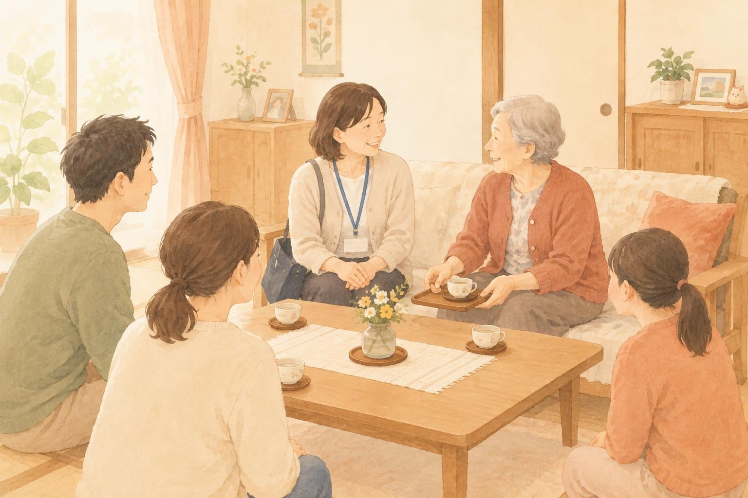 実家の居間で、民生委員の女性と高齢の母親が並んで座り、お茶を前に笑顔で話している