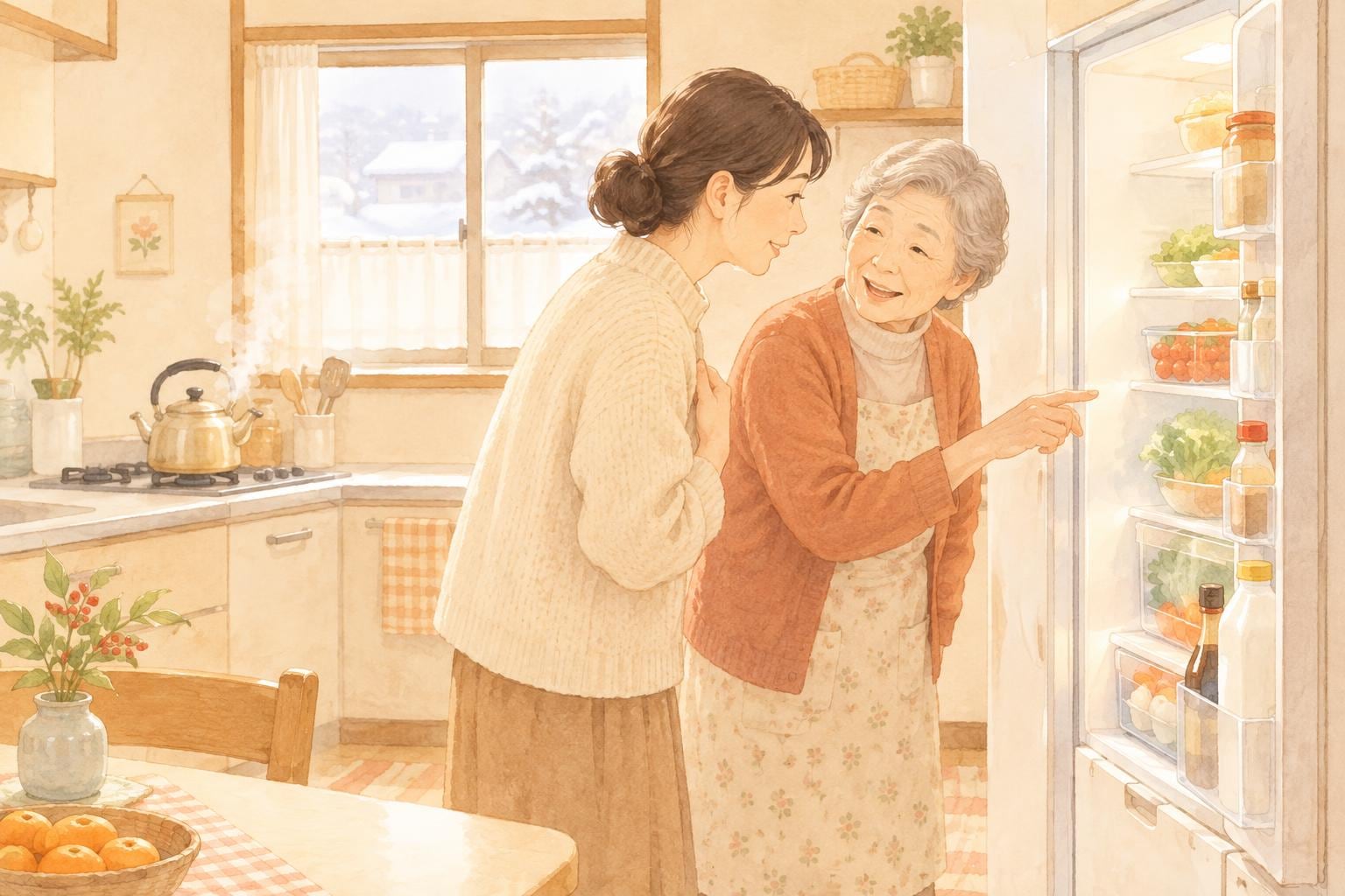 冬の実家の台所で、母親と娘が並んで冷蔵庫の中を一緒に見ている