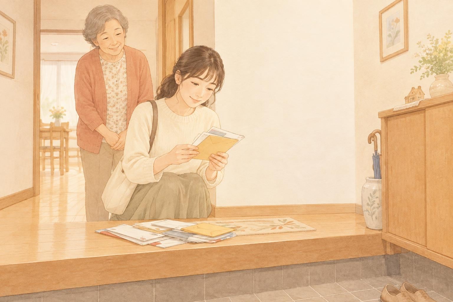 実家の玄関の上がり框で、届いた郵便物を手に取って眺める娘と、後ろで見守る母親