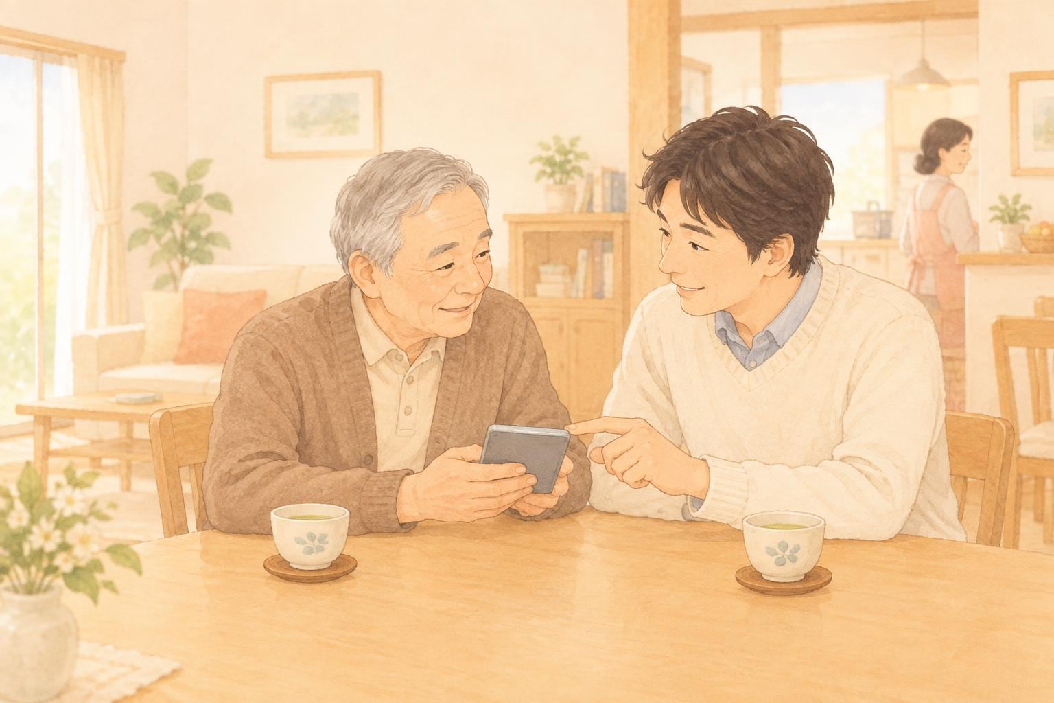 居間のテーブルで、高齢の父親と息子が小さな端末を見ながらお茶を飲み、話している