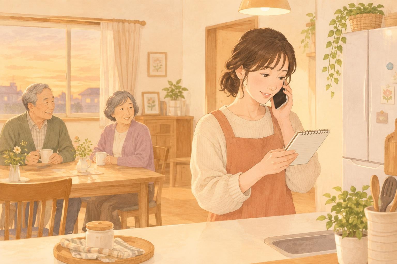 夕方のキッチンで、娘がメモ帳を見ながらスマートフォンで役所に電話をかけている